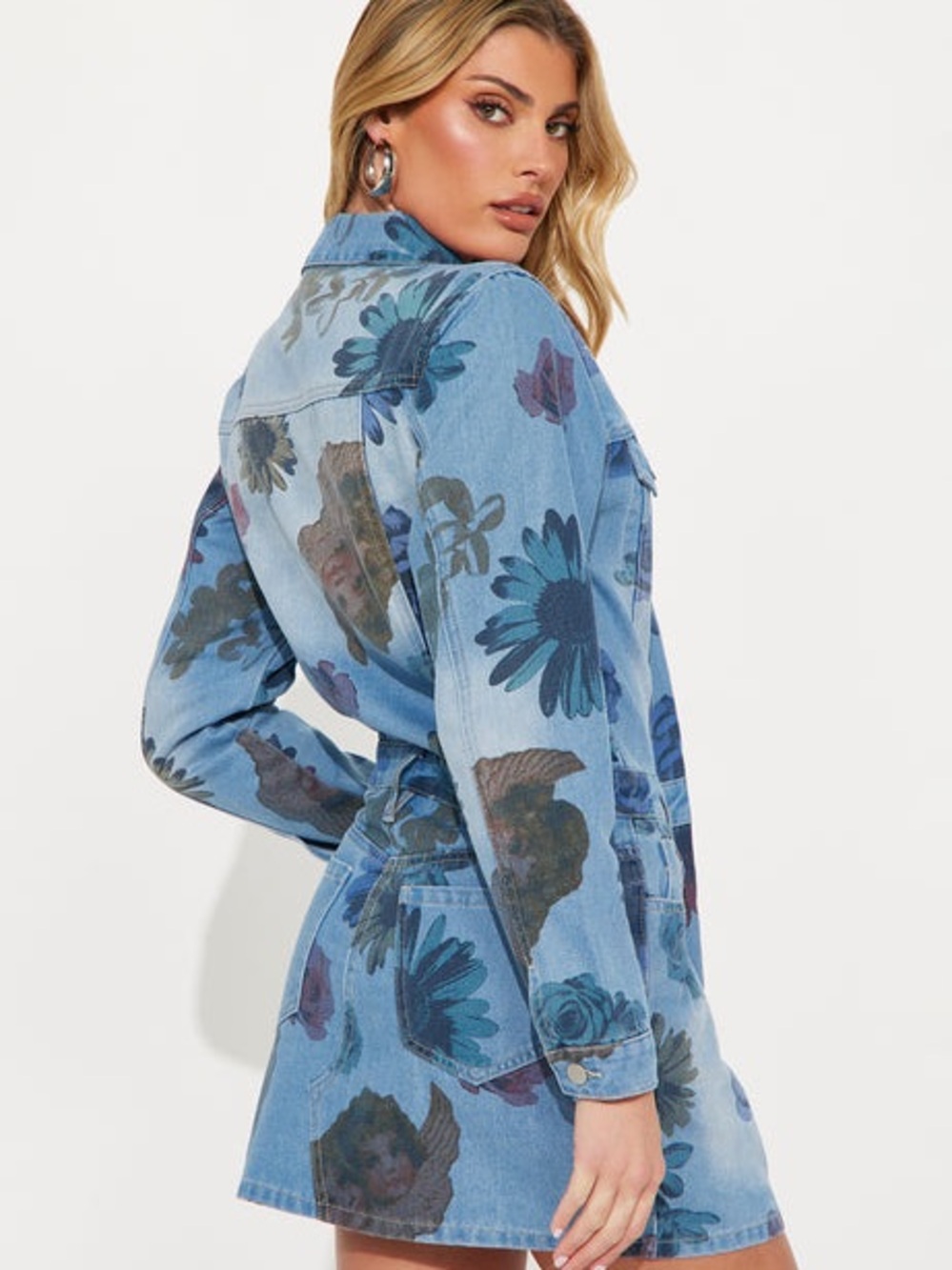 🩵NWT Fashion Nova Light Blue Floral Print Denim Mini Dress
